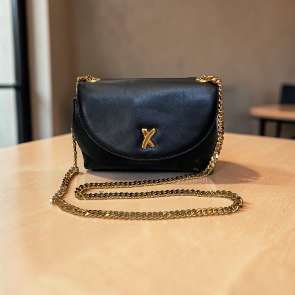 Paloma Picasso Black Leather Crossbody with Gold Chain and Logo